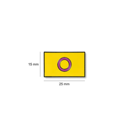 Rectangular Intersex lapel pin featuring a yellow field and central purple circle, with size dimensions of 25 mm wide by 15 mm high.