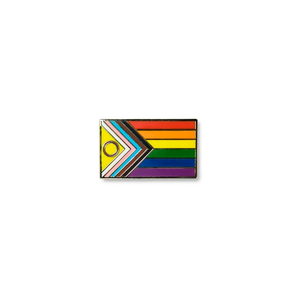 Intersex Inclusion lapel pin featuring the Progress Pride Flag design with a chevron of black, brown, pink, blue, white, and yellow stripes and a purple circle, alongside traditional rainbow stripes.