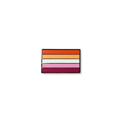 Lesbian lapel pin featuring six horizontal stripes in warm shades of orange, white, and pink.