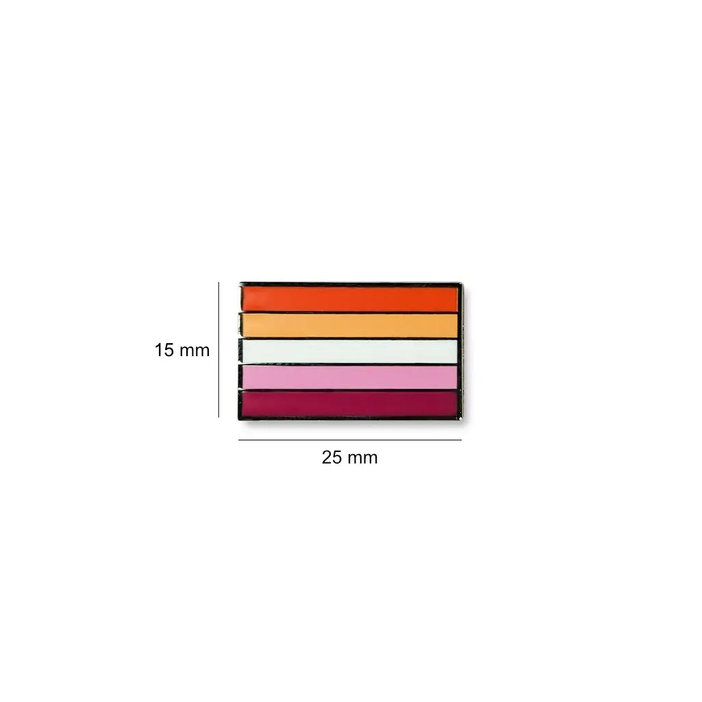 Rectangular Lesbian lapel pin with horizontal orange-to-pink stripes, shown with dimensions of 25 mm wide by 15 mm high.