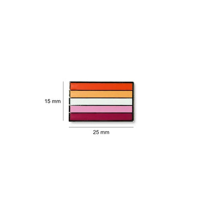 Rectangular Lesbian lapel pin with horizontal orange-to-pink stripes, shown with dimensions of 25 mm wide by 15 mm high.