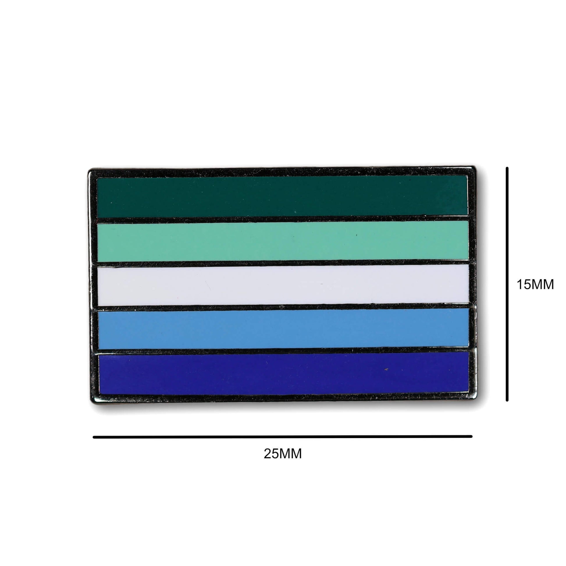 Colorful striped badge with dimensions on a white background