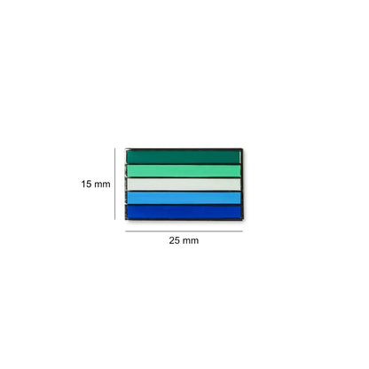 Rectangular Men love men lapel pin featuring a green to blue striped flag, with size dimensions of 25 mm wide by 15 mm tall.