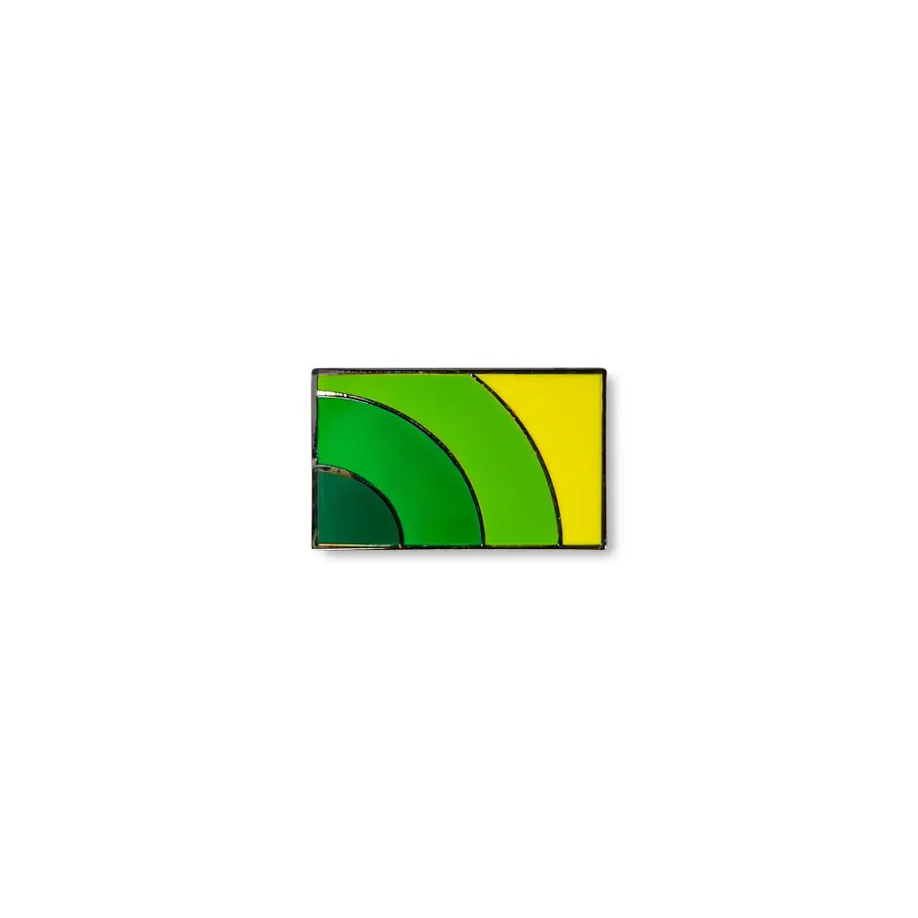 Rectangular mental health lapel pin with bold green and dark green arcs on the left and a solid yellow background.