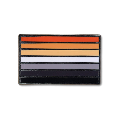 Rectangular pin with horizontal stripes in red, orange, yellow, green, blue, and purple on a white background