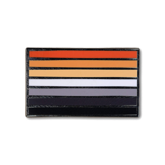 Rectangular pin with horizontal stripes in red, orange, yellow, green, blue, and purple on a white background