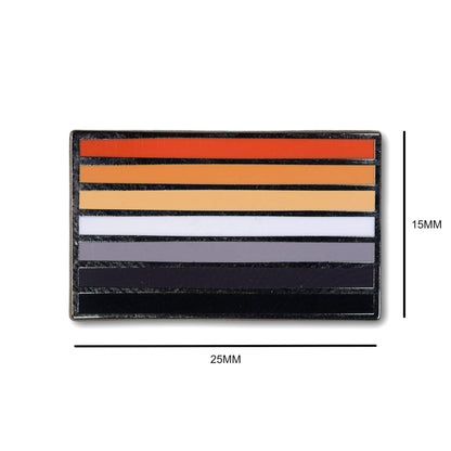 Rectangular patch with horizontal stripes in red, orange, beige, white, and black, with dimensions indicated.