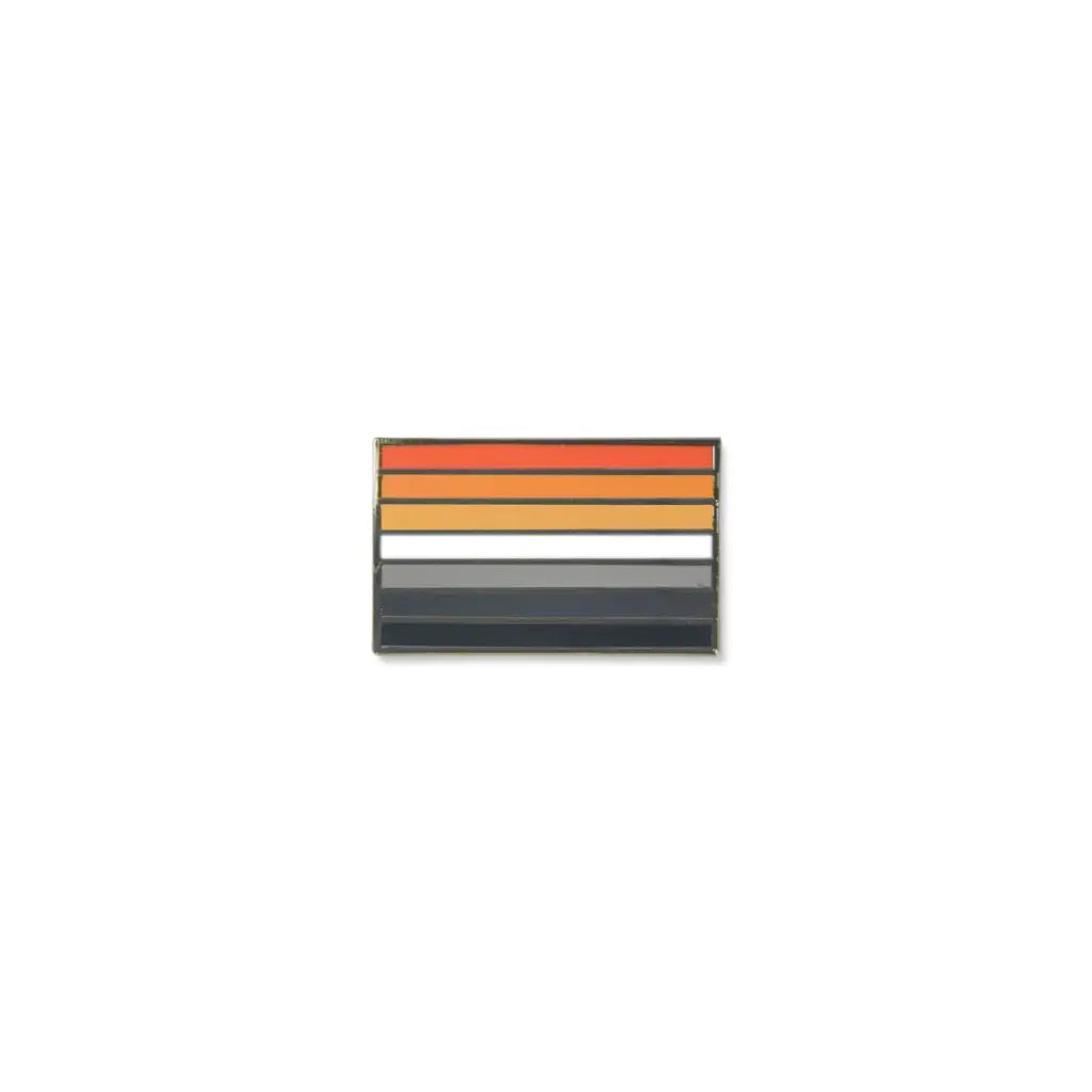 Multiple sclerosis lapel pin featuring a rectangular design with seven horizontal stripes in shades of orange, tan, white, grey, and black, representing solidarity, awareness, and the spectrum of experiences with MS.