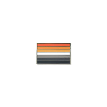 Multiple sclerosis lapel pin featuring a rectangular design with seven horizontal stripes in shades of orange, tan, white, grey, and black, representing solidarity, awareness, and the spectrum of experiences with MS.