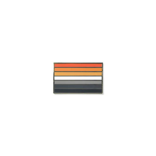 Multiple sclerosis lapel pin featuring a rectangular design with seven horizontal stripes in shades of orange, tan, white, grey, and black, representing solidarity, awareness, and the spectrum of experiences with MS.