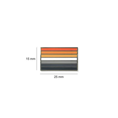 Rectangular Multiple sclerosis lapel pin measuring 25mm by 15mm, with bold layered stripes from bright orange to deep black, symbolising the strength and resilience of those living with multiple sclerosis.