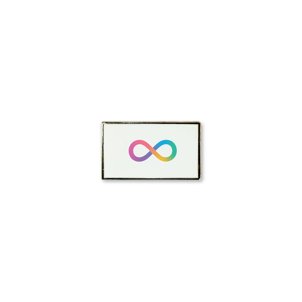 Neurodivergence lapel pin with a clean white background featuring a central rainbow infinity symbol.