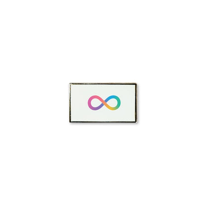Neurodivergence lapel pin with a clean white background featuring a central rainbow infinity symbol.