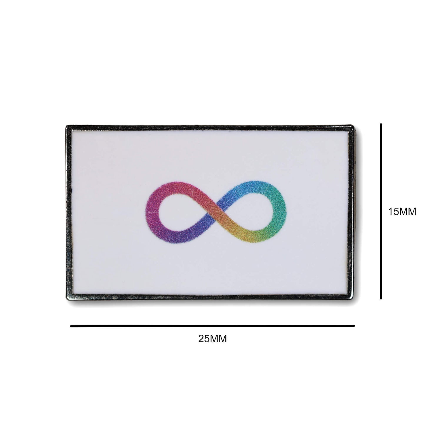 Multicolored infinity symbol patch with dimensions on a white background