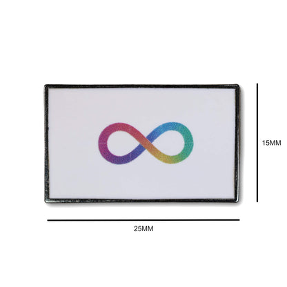 Multicolored infinity symbol patch with dimensions on a white background