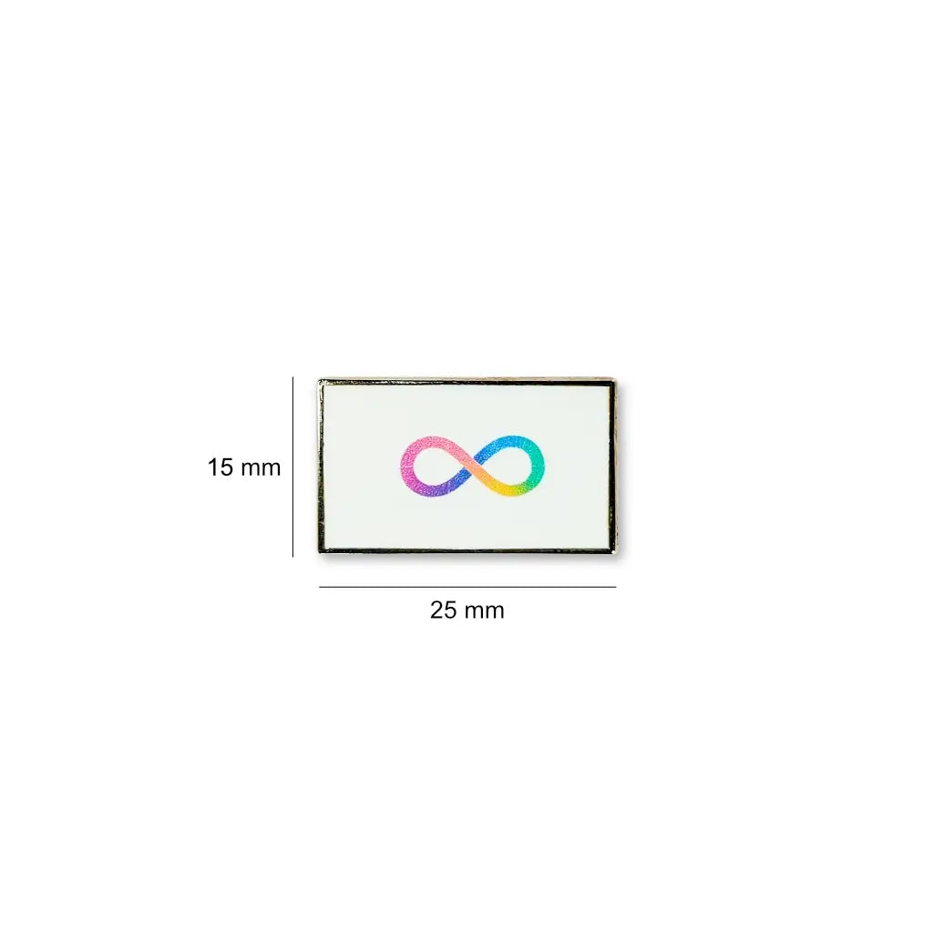 Rectangular Neurodivergence lapel pin measuring 25mm by 15mm, showcasing a multicoloured infinity symbol on a white field.