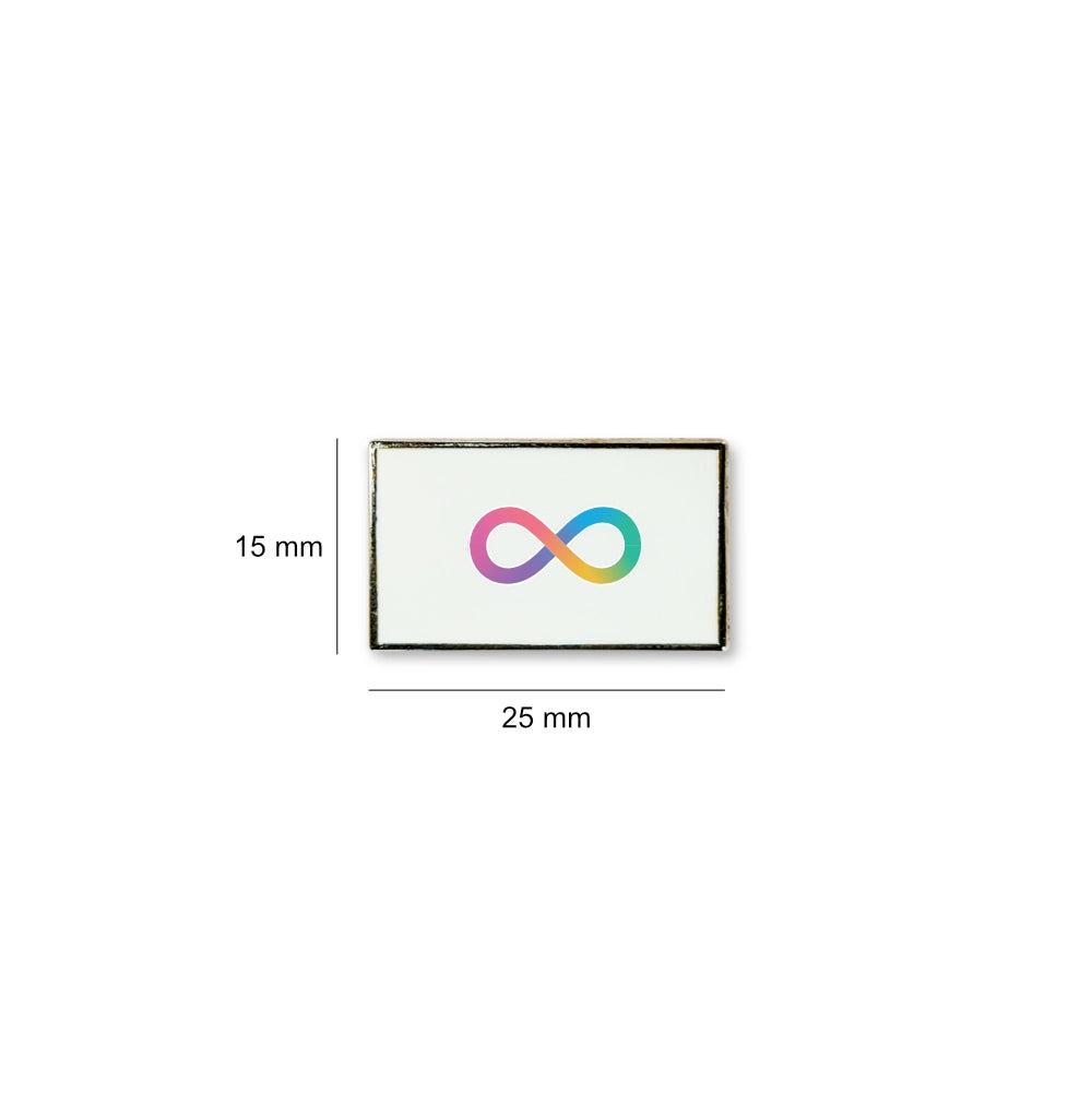 Rectangular Neurodivergence lapel pin measuring 25mm by 15mm, showcasing a multicoloured infinity symbol on a white field.