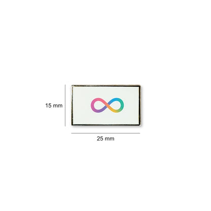 Rectangular Neurodivergence lapel pin measuring 25mm by 15mm, showcasing a multicoloured infinity symbol on a white field.