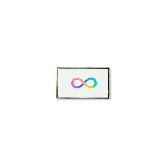 Neurodivergence lapel pin with a clean white background featuring a central rainbow infinity symbol.