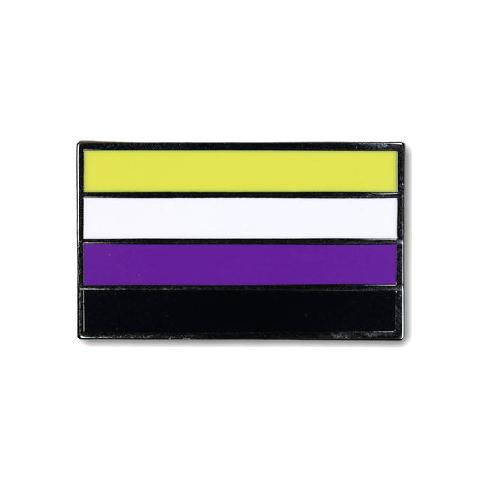 Four-color flag with yellow, white, purple, and black stripes on a white background