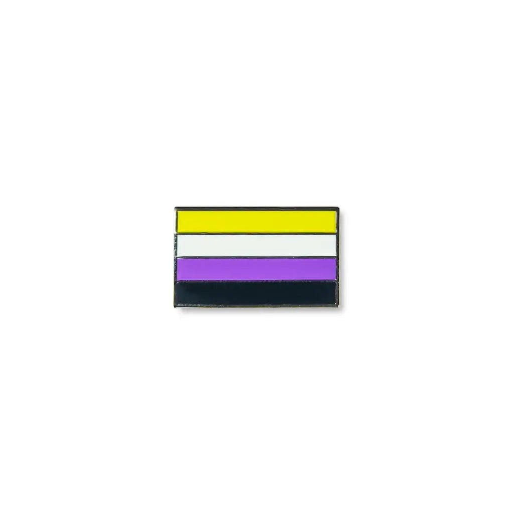 Non-binary lapel pin with four horizontal stripes in yellow, white, purple, and black, representing non-binary gender pride.