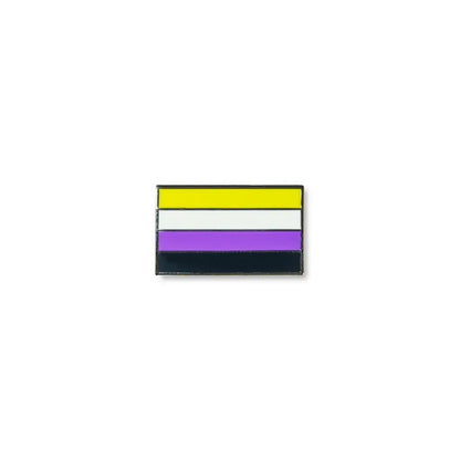 Non-binary lapel pin with four horizontal stripes in yellow, white, purple, and black, representing non-binary gender pride.