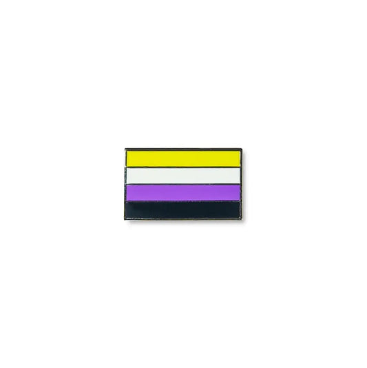 Non-binary lapel pin with four horizontal stripes in yellow, white, purple, and black, representing non-binary gender pride.