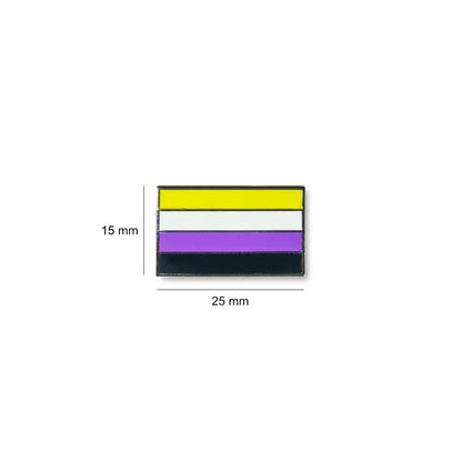 Rectangular Non-binary lapel pin with yellow to black stripes, shown with dimensions of 25 mm wide by 15 mm high.