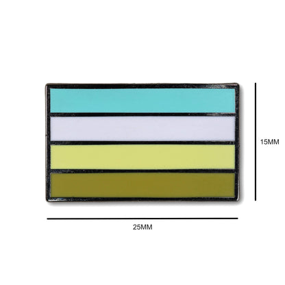 Four-color striped patch with dimensions on a white background
