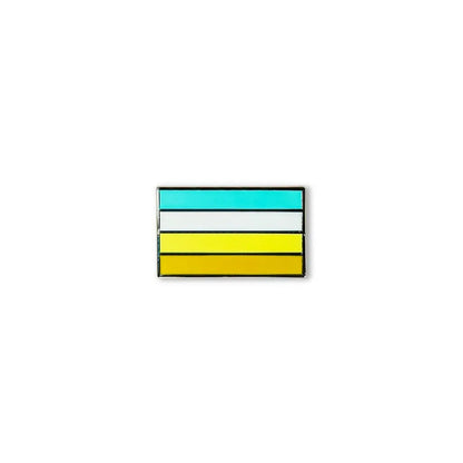 Obsessive Compulsive Disorder OCD flag lapel pin with four bold enamel stripes in teal, white, yellow, and golden brown, symbolizing mental health awareness and support.