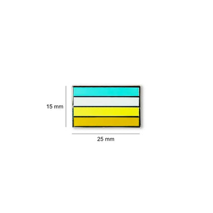 Rectangular OCD flag lapel pin measuring 25 millimeters wide by 15 millimeters tall, featuring four horizontal stripes in teal, white, yellow, and golden brown to represent obsessive compulsive disorder awareness.