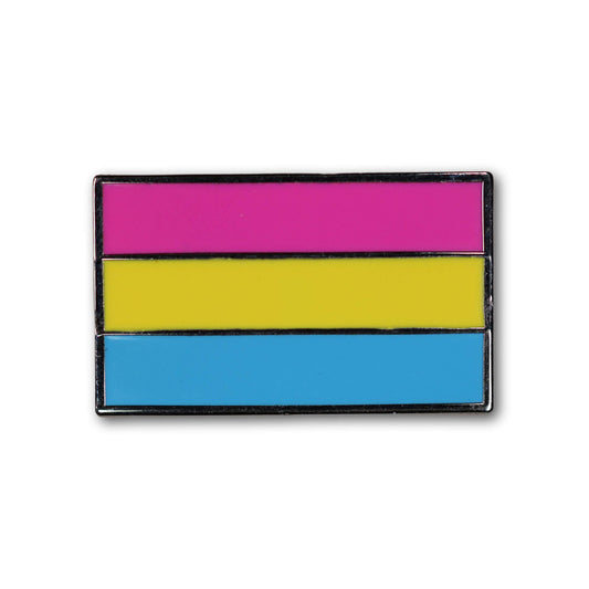 Pansexual flag badge with pink, yellow, and blue stripes on a white background