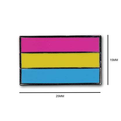 Pansexual flag badge with dimensions on a white background