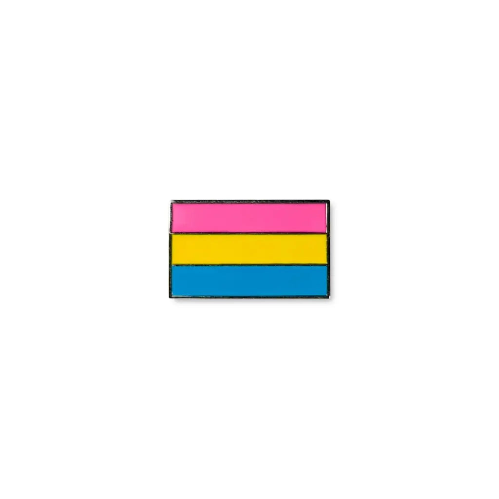 Pansexual lapel pin with three horizontal stripes in pink, yellow, and blue.