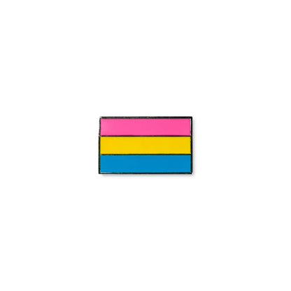Pansexual lapel pin with three horizontal stripes in pink, yellow, and blue.