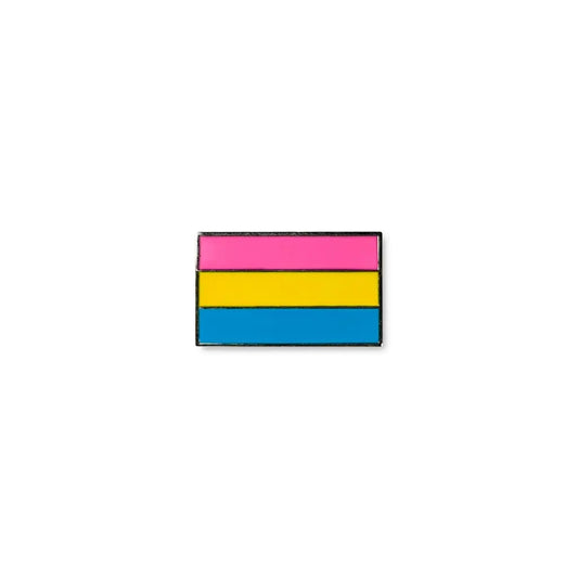 Pansexual lapel pin with three horizontal stripes in pink, yellow, and blue.