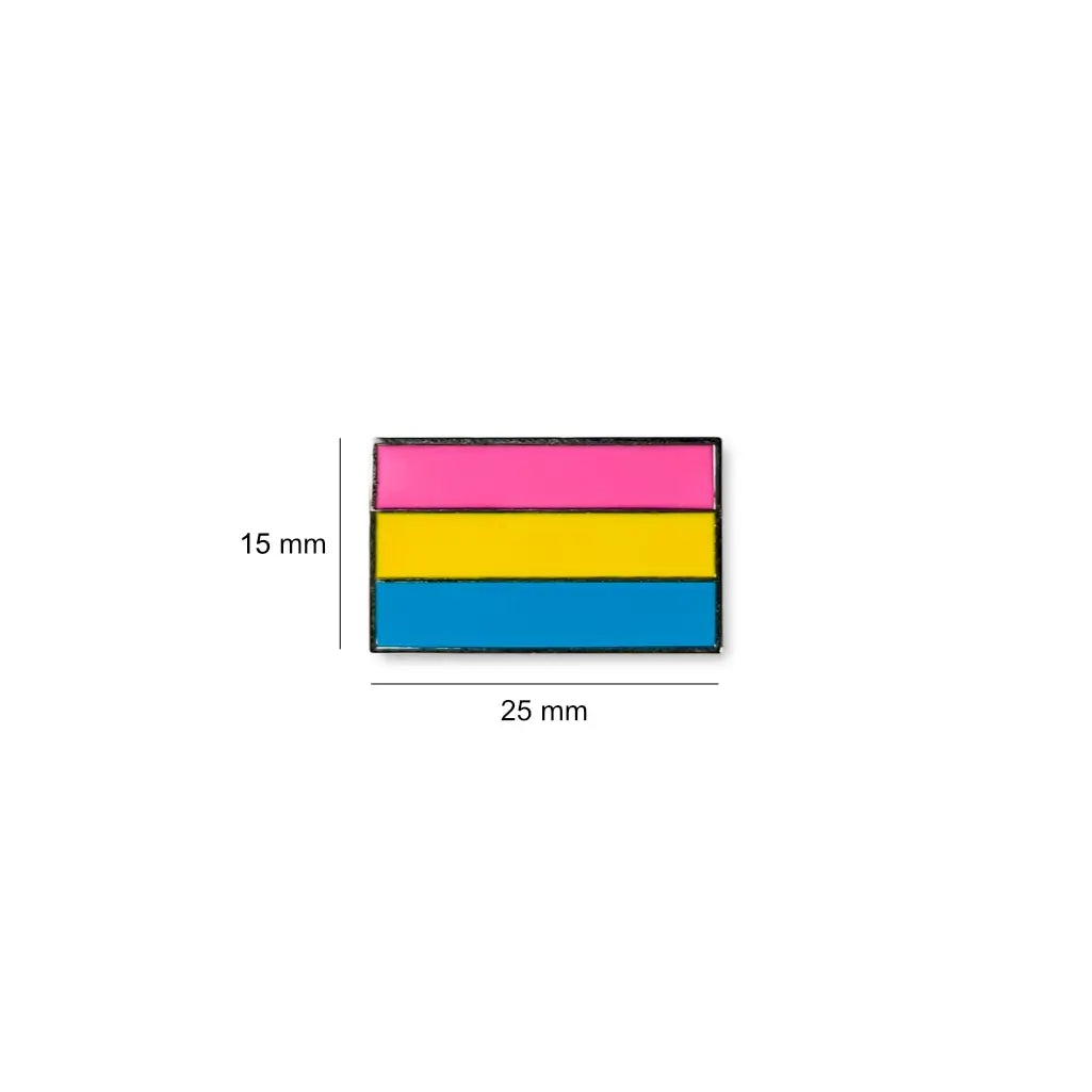 Rectangular Pansexual lapel pin featuring bold pink, yellow, and blue stripes, shown with size dimensions of 25 mm wide by 15 mm high.