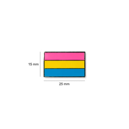 Rectangular Pansexual lapel pin featuring bold pink, yellow, and blue stripes, shown with size dimensions of 25 mm wide by 15 mm high.