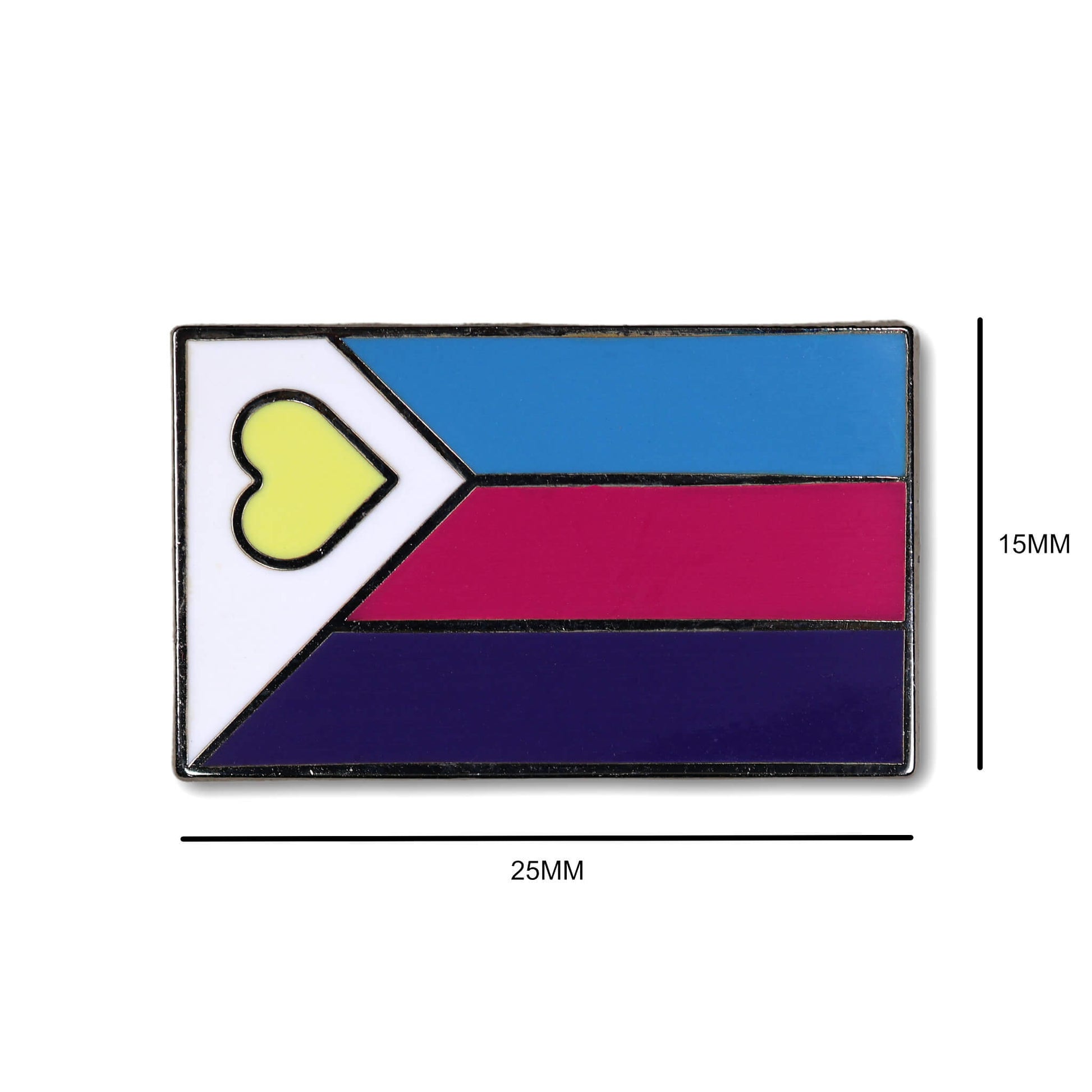 Colorful flag with a heart symbol on a white background, showing measurements.