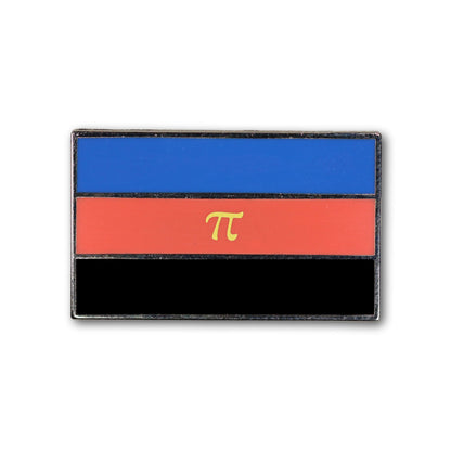 Rectangular patch with blue, red, and black stripes and a yellow pi symbol on a white background