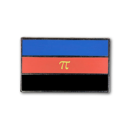 Rectangular patch with blue, red, and black stripes and a yellow pi symbol on a white background