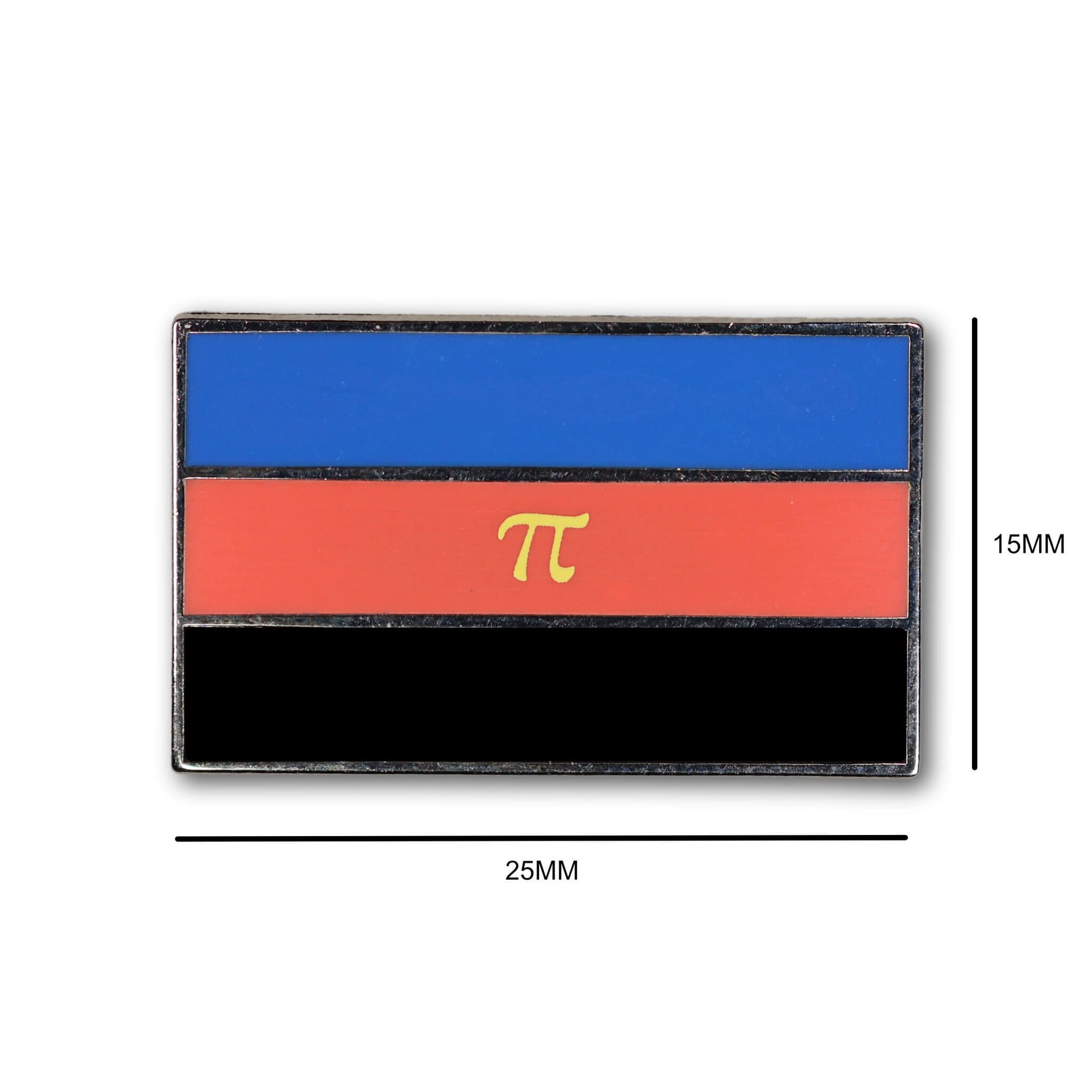 Rectangular patch with blue, red, and black stripes and a yellow pi symbol, with dimensions indicated.