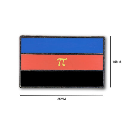 Rectangular patch with blue, red, and black stripes and a yellow pi symbol, with dimensions indicated.
