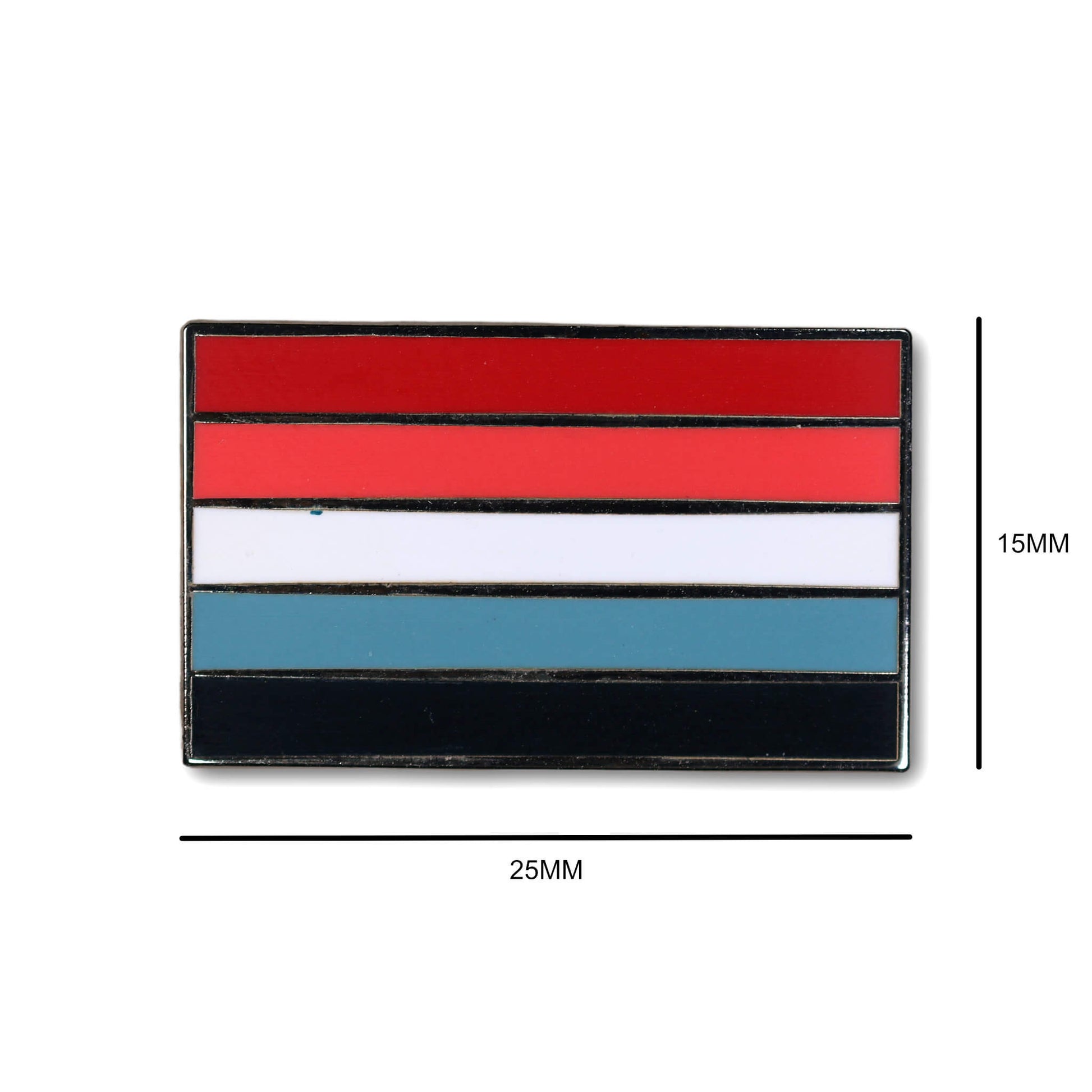 Rectangular flag pin with red, white, blue, and black stripes on a white background