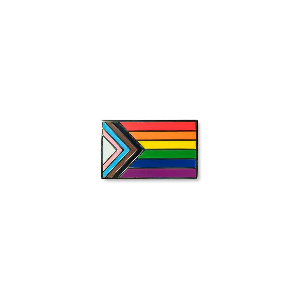 Progressive pride lapel pin featuring the rainbow flag with a chevron of black, brown, white, pink, and blue stripes.