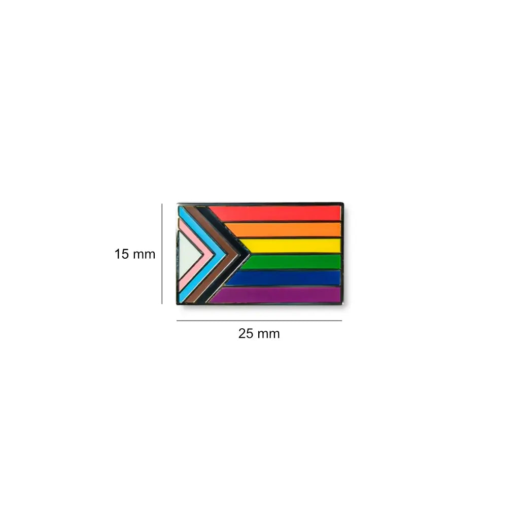 Rectangular Progressive pride lapel pin with rainbow stripes and a left-pointing chevron, displayed with size dimensions of 25 mm wide by 15 mm high.