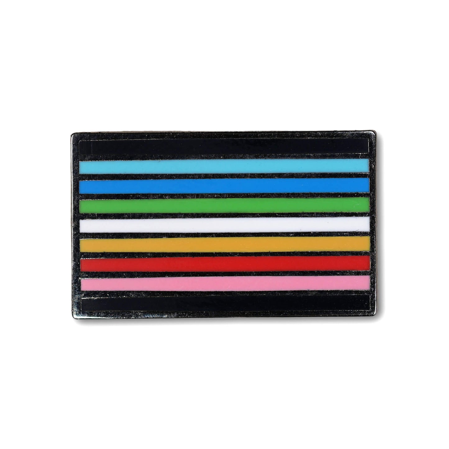 Rectangular patch with horizontal stripes in black, blue, green, yellow, red, and pink on a white background.