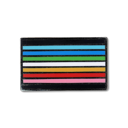 Rectangular patch with horizontal stripes in black, blue, green, yellow, red, and pink on a white background.