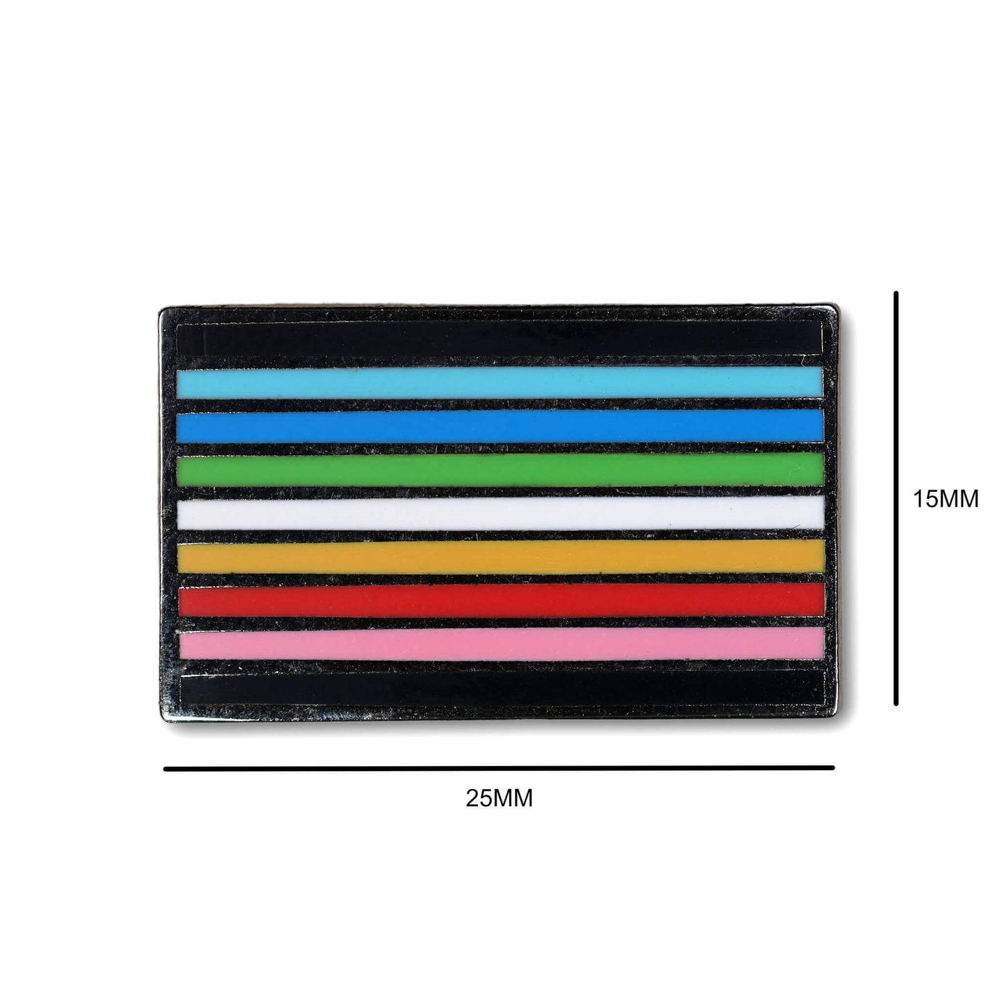 Multicolored striped patch with dimensions on a white background