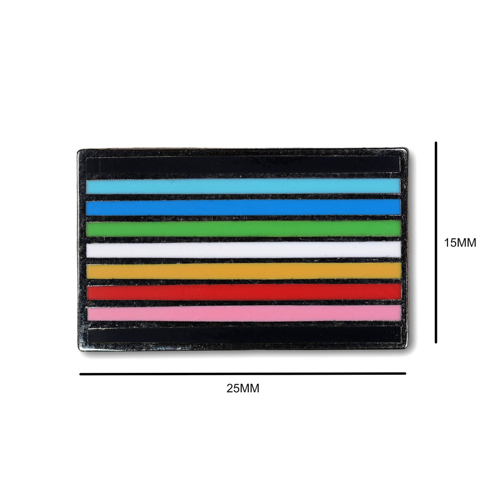 Multicolored striped patch with dimensions on a white background